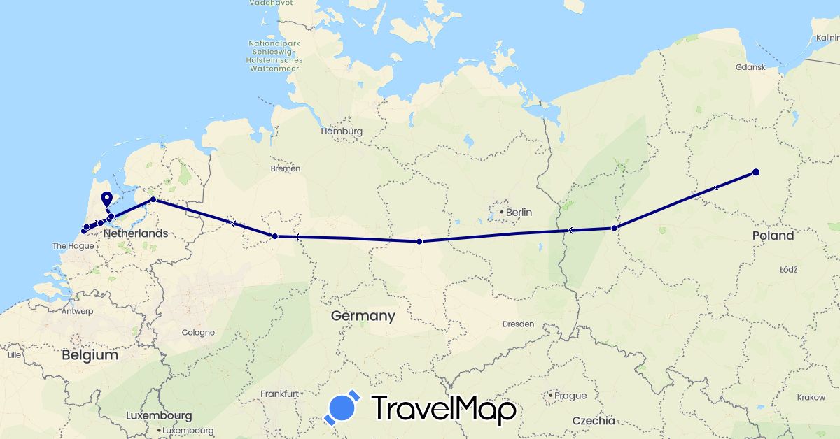 TravelMap itinerary: driving in Germany, Netherlands, Poland (Europe)