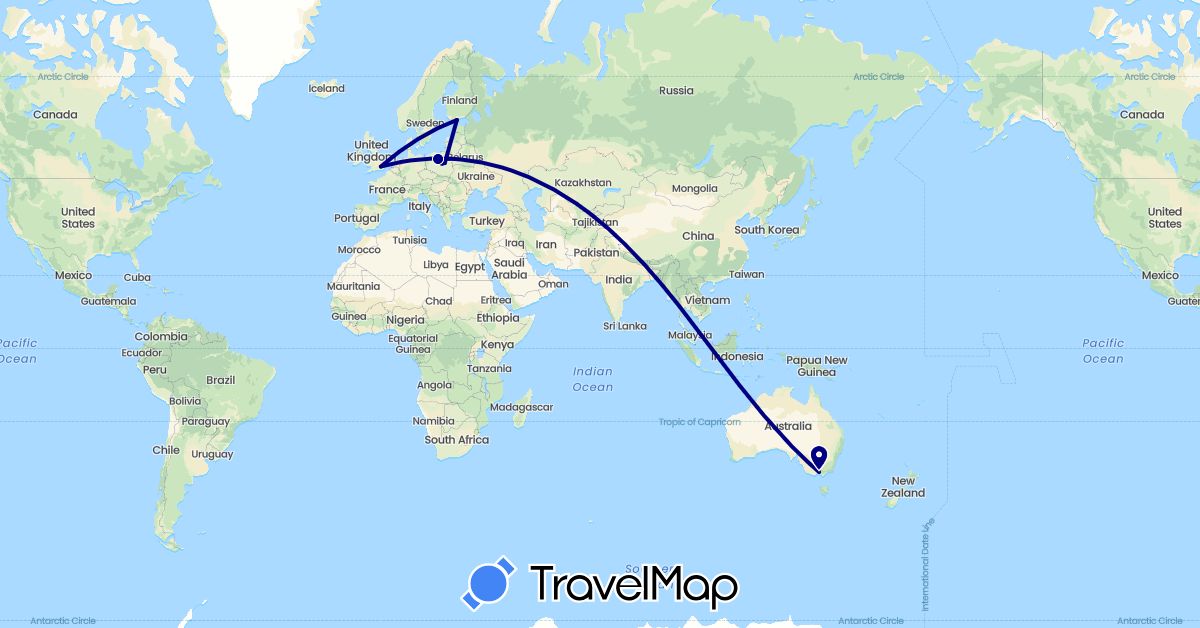 TravelMap itinerary: driving in Australia, Finland, United Kingdom, Poland (Europe, Oceania)